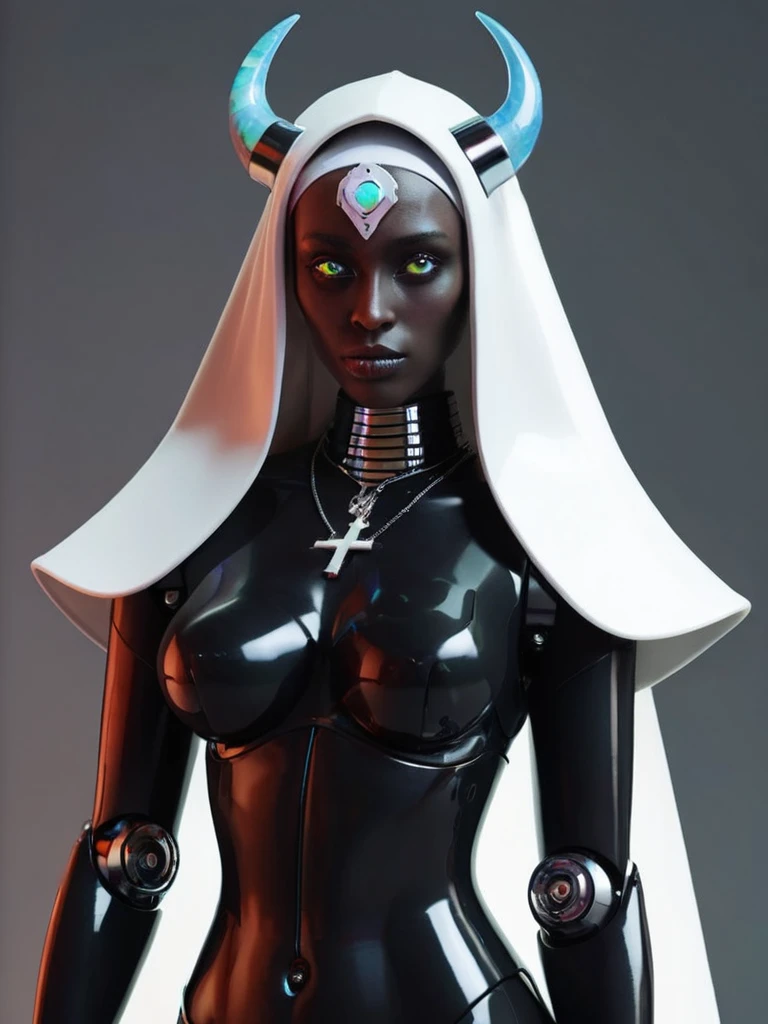 ral-opal, meahophontron, full body, woman robot face, devil nun, negro, looking at camera, body nun clothes