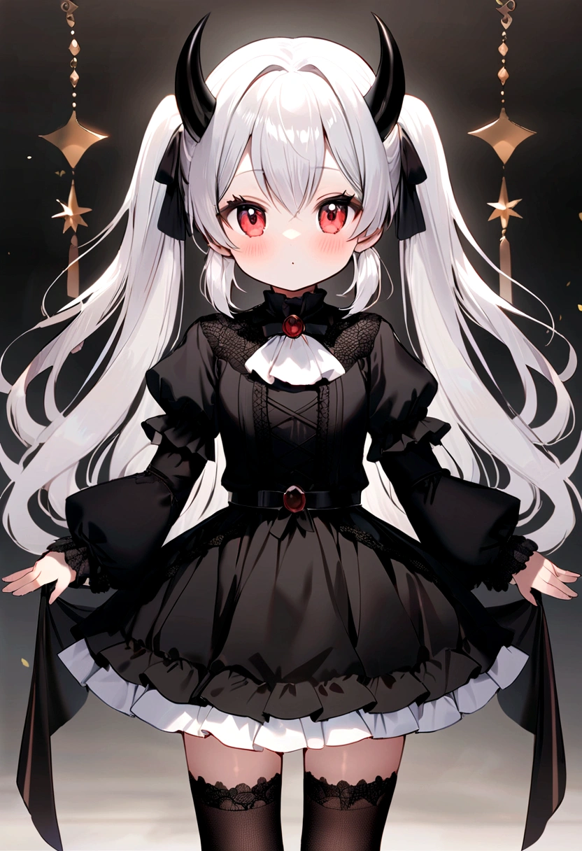 red eyes,Long white hair that falls to her waist,Parálisis facial little loli,black gothic loli deminio,horned loli with black lace stockings,high quality,watermark,The detail,little loli,adorable,Kazilan's eyes widened..,The background is beautiful