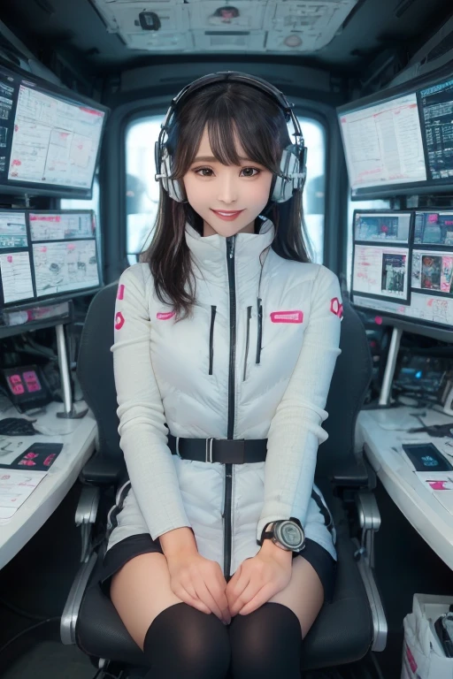masterpiece, Highest quality, Very detailed, 8K Portrait,Japanese Android Girl,plump , Control panel,Robotic arms and legs, Blunt bangs,,break (Metallic Gray, Metallic luster, Mirror finish, Astro Best):5,headphone:5,break (Black sleeves):100,Smart Watches,Futuristic space station,Control Room,break headphone,blue eyes,(Black Hair):2,(Long Hair):1.3,Displaying the viewer,(respirator),break blush:3,Hidden Hand,smile