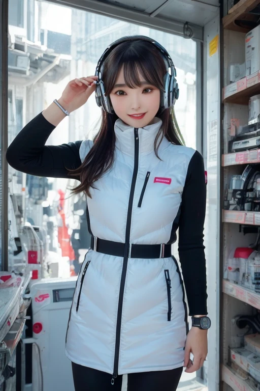 masterpiece, Highest quality, Very detailed, 8K Portrait,Japanese Android Girl,plump , Control panel,Robotic arms and legs, Blunt bangs,,break (Metallic Gray, Metallic luster, Mirror finish, Astro Best):5,headphone:5,break (Black sleeves):100,Smart Watches,Futuristic space station,Control Room,break headphone,blue eyes,(Black Hair):2,(Long Hair):1.3,Displaying the viewer,(respirator),break blush:3,Hidden Hand,smile