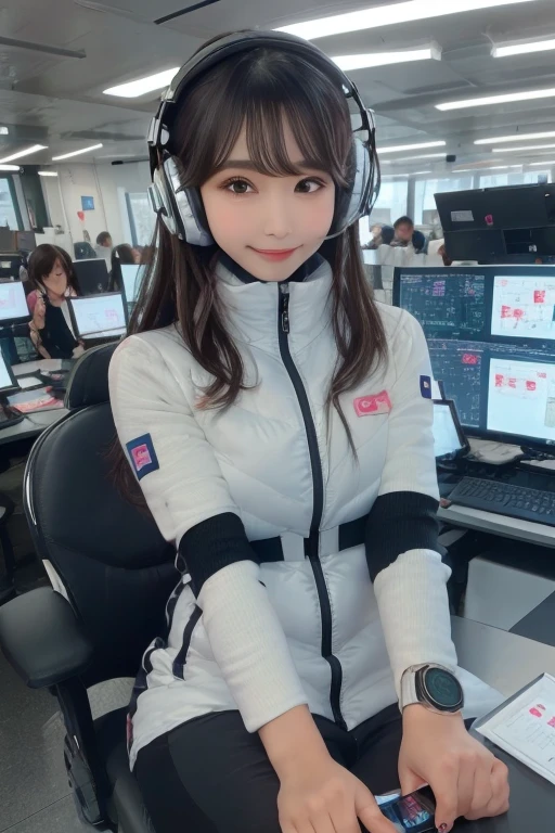 masterpiece, Highest quality, Very detailed, 8K Portrait,Japanese Android Girl,plump , Control panel,Robotic arms and legs, Blunt bangs,,break (Metallic Gray, Metallic luster, Mirror finish, Astro Best):5,headphone:5,break (Black sleeves):100,Smart Watches,Futuristic space station,Control Room,break headphone,blue eyes,(Black Hair):2,(Long Hair):1.3,Displaying the viewer,(respirator),break blush:3,Hidden Hand,smile