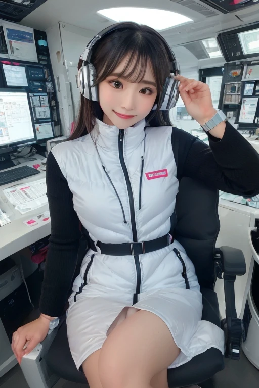 masterpiece, Highest quality, Very detailed, 8K Portrait,Japanese Android Girl,plump , Control panel,Robotic arms and legs, Blunt bangs,,break (Metallic Gray, Metallic luster, Mirror finish, Astro Best):5,headphone:5,break (Black sleeves):100,Smart Watches,Futuristic space station,Control Room,break headphone,blue eyes,(Black Hair):2,(Long Hair):1.3,Displaying the viewer,(respirator),break blush:3,Hidden Hand,smile