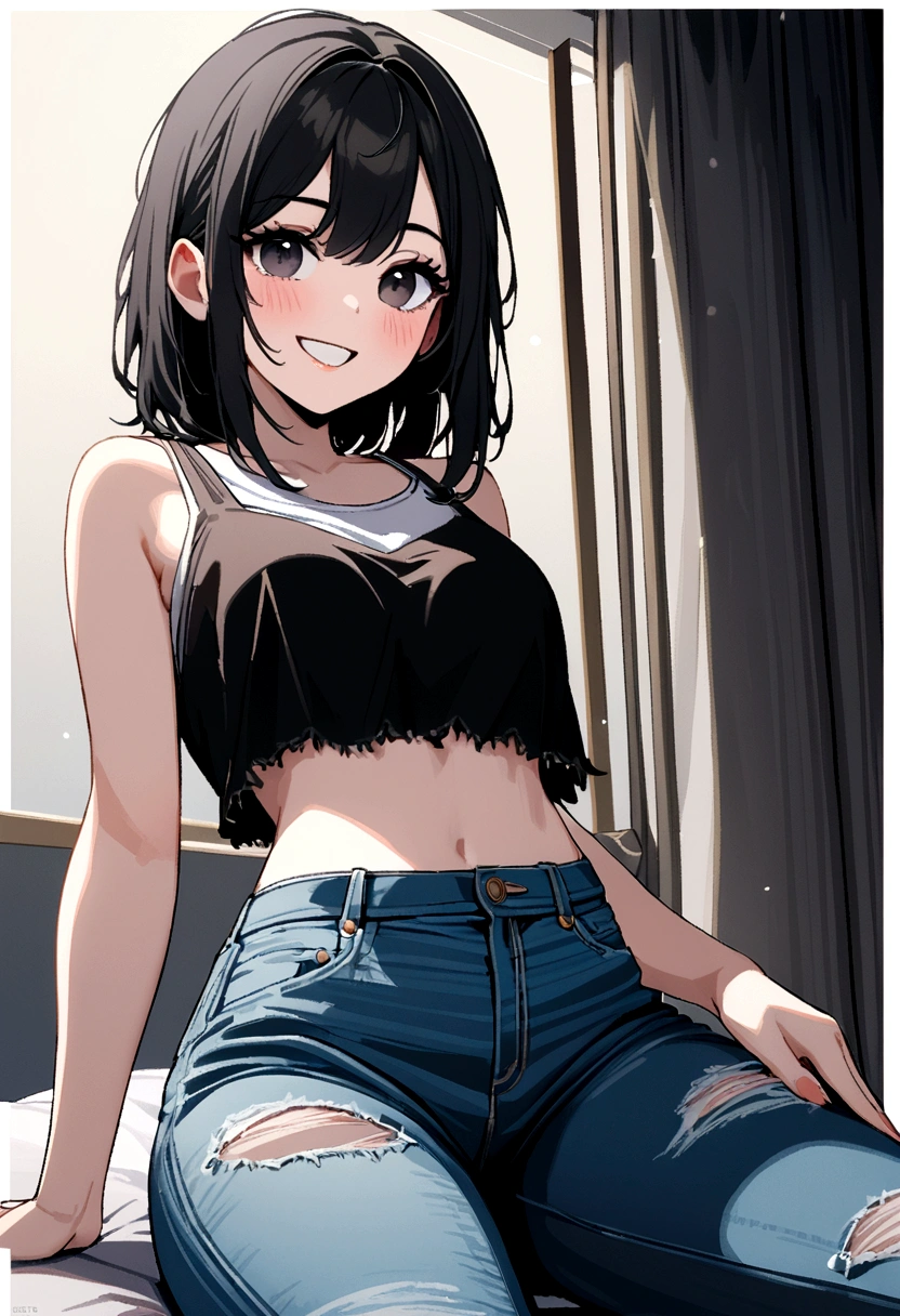 25 year old female, curtain, long black hair, vibrant black eyes, Grinning, in frayed jeans and white crop tops, sitting on top of the instagram logo, disney model