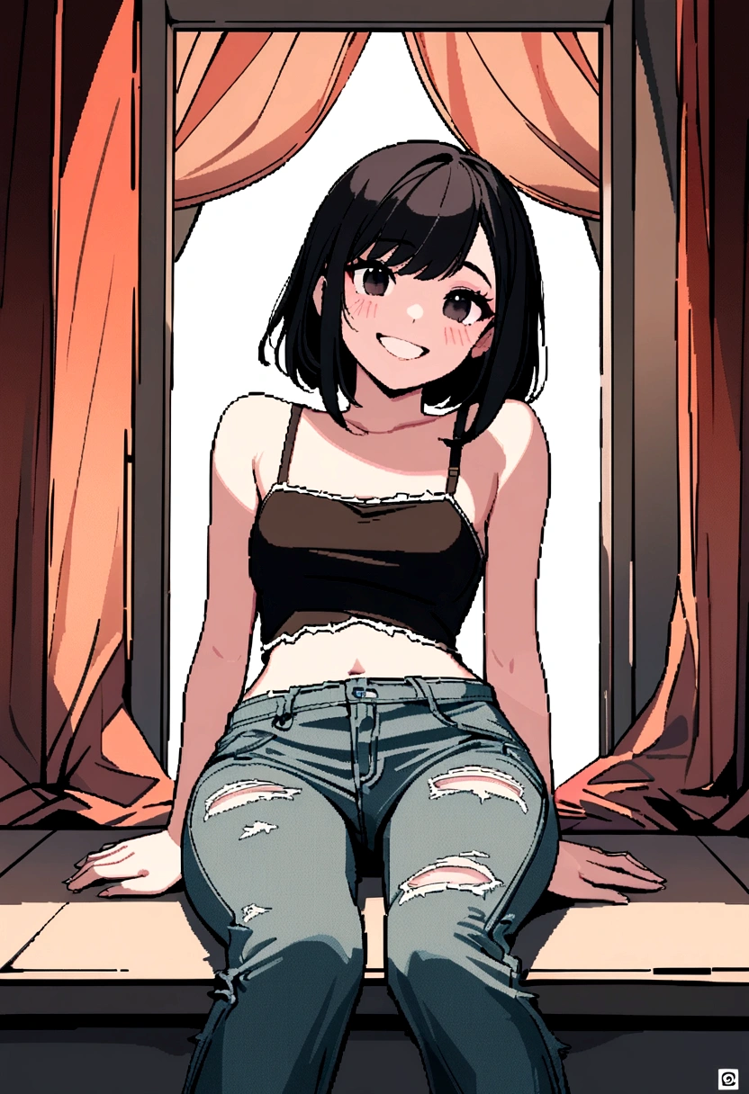 25 year old female, curtain, long black hair, vibrant black eyes, Grinning, in frayed jeans and white crop tops, sitting on top of the instagram logo, pix art template