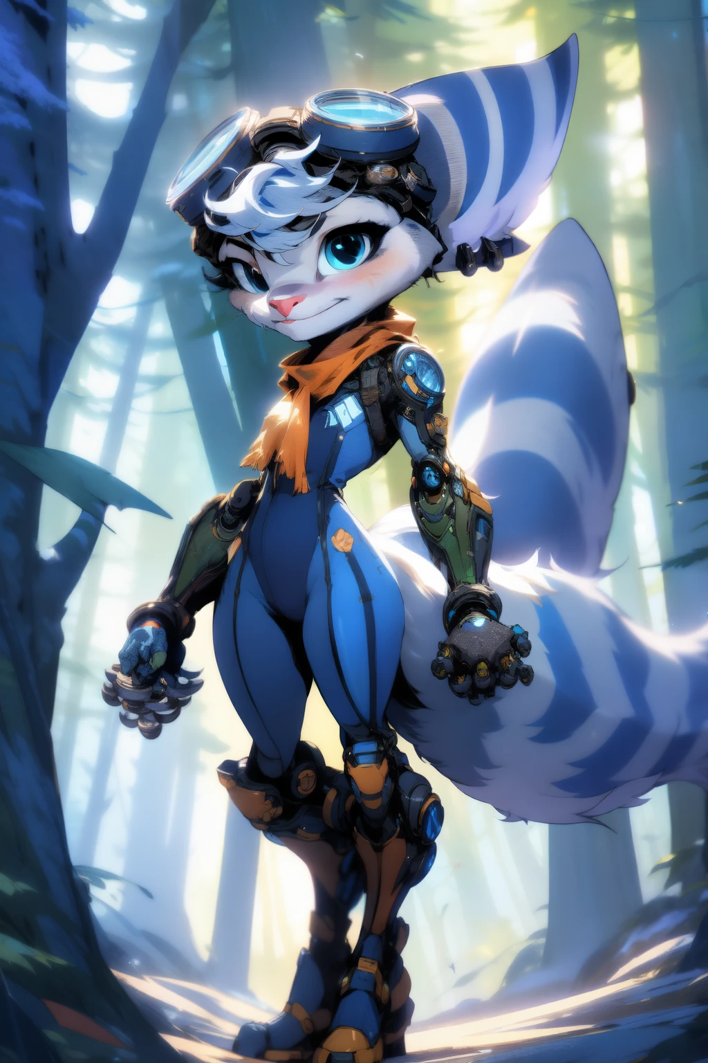 solo, furry, rivetlombax, blue eyes, animal ears, earrings, goggles on head, bangs, mechanical arms, scarf, bodysuit, belt, tail, forest, smile,full body