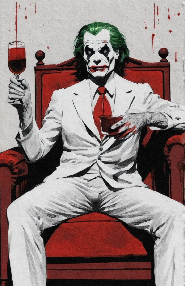 Create a drawing from a comic book with Joker sitting in an armchair, drinking blood. The illustration should be rendered primarily in red and black, with occasional touches of white to create a sense of depth and atmosphere. Digital concept art with a dramatic touch & color, painted in a dirty way, with stains. painting, details, stains, intricate, art station, 4K, oil painting Inkdrawing, in the distinctive grungy, avant-garde style of (David McKean:1.3),