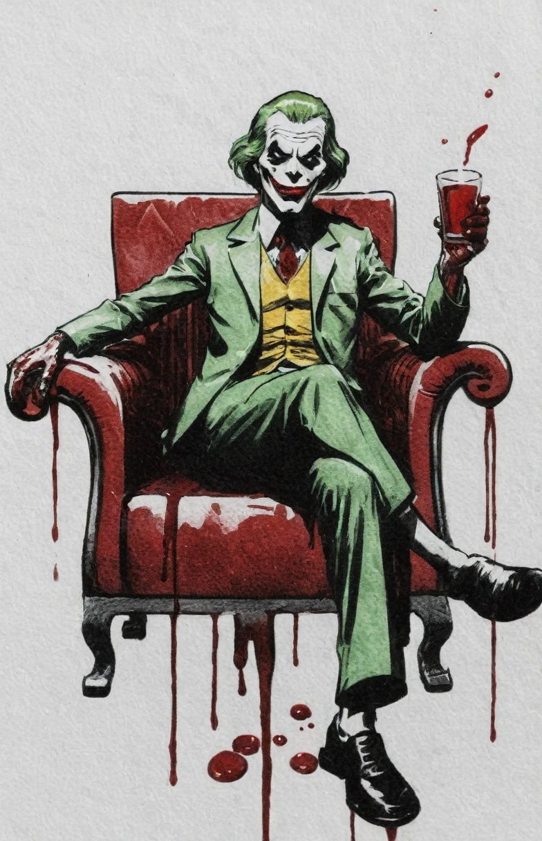 Create a drawing from a comic book with Joker sitting in an armchair, drinking blood. The illustration should be rendered primarily in red and black, with occasional touches of white to create a sense of depth and atmosphere. Digital concept art with a dramatic touch & color, painted in a dirty way, with stains. painting, details, stains, intricate, art station, 4K, oil painting Inkdrawing, in the distinctive grungy, avant-garde style of (David McKean:1.3),