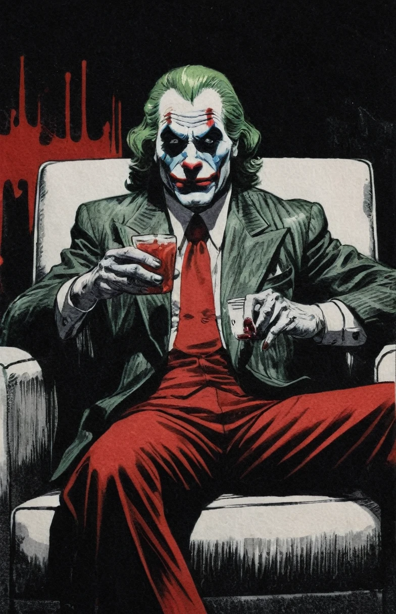 Create a drawing from a comic book with Joker sitting in an armchair, drinking blood. The illustration should be rendered primarily in red and black, with occasional touches of white to create a sense of depth and atmosphere. Digital concept art with a dramatic touch & color, painted in a dirty way, with stains. painting, details, stains, intricate, art station, 4K, oil painting Inkdrawing, in the distinctive grungy, avant-garde style of (David McKean:1.3),