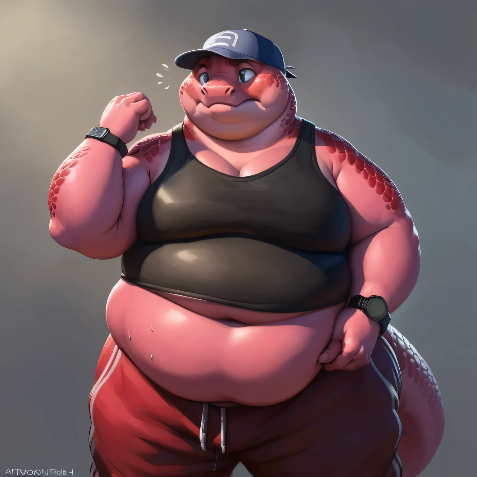 simple background, simple grey background:1.6, 8k, fine details, (ultra detailed), solo:1.3, a beautiful and detailed full size portrait of a female anthro salamander (((pink body, red skin, red scales))), blue eyes, lizard eyes, lizard tail, bedroom eyes, High Dynamic Range, detailed eyes, big body goddess, obese body, fat belly, (fat arms:1.4), (fat fingers), (fat neck:1.3), (double chin:1.5), (fat cheeks:1.2), (puffed cheeks), love handles, deep navel, (huge butt), belly overhang, (weightchubby:1.8), kenket, Ross Tran, ruan jia, vip, trending on artstation, foxovh, cenematic lighting, big breaths, big, (((black tank top, sweatpants, smartwatch on wrist, sports cap)) full body, ((embarrassed, shy, frown)), front view, standing