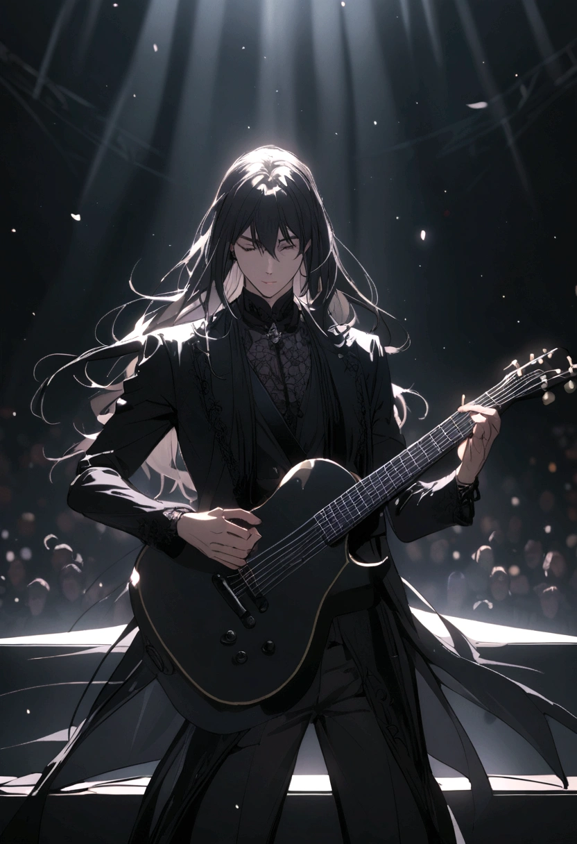 boy with long hair and black outfit playing guitar on a stage 