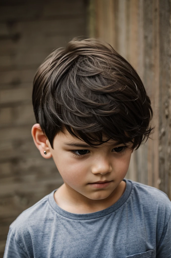 Boy with messy dark hair that covers part of his ears 