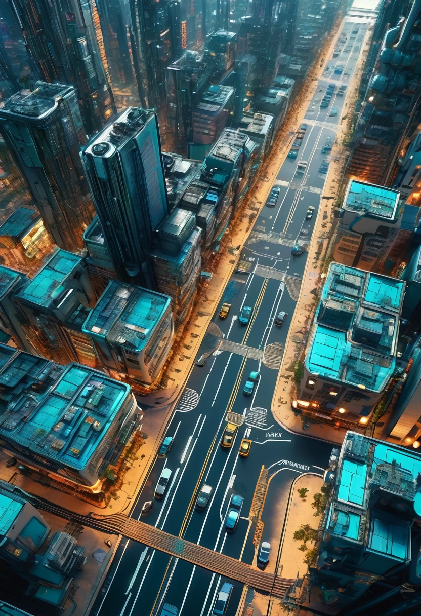 Cyberpunk city seen from 20 meters above, empty street, natta, irregular, circuit boards, intricate, super detailled, realisitic, hyper realisitic, high qualiy, better, super detaill , crazy detail, very detailled, photorealisitic, epic composition, better quality, 32K --v 6