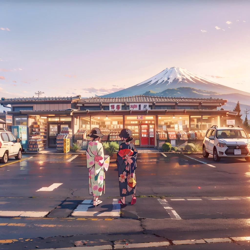 two women standing in a parking lot with a mountain in the background, convenience store, mount fuji in the background, japan travel aesthetic, gas station, “gas station photography, japan rural travel, mount fuji on the background, set in tokyo bank parking lot, japanese town, mt. fuji, taken in the early 2020s, mount fuji, japanese rural town