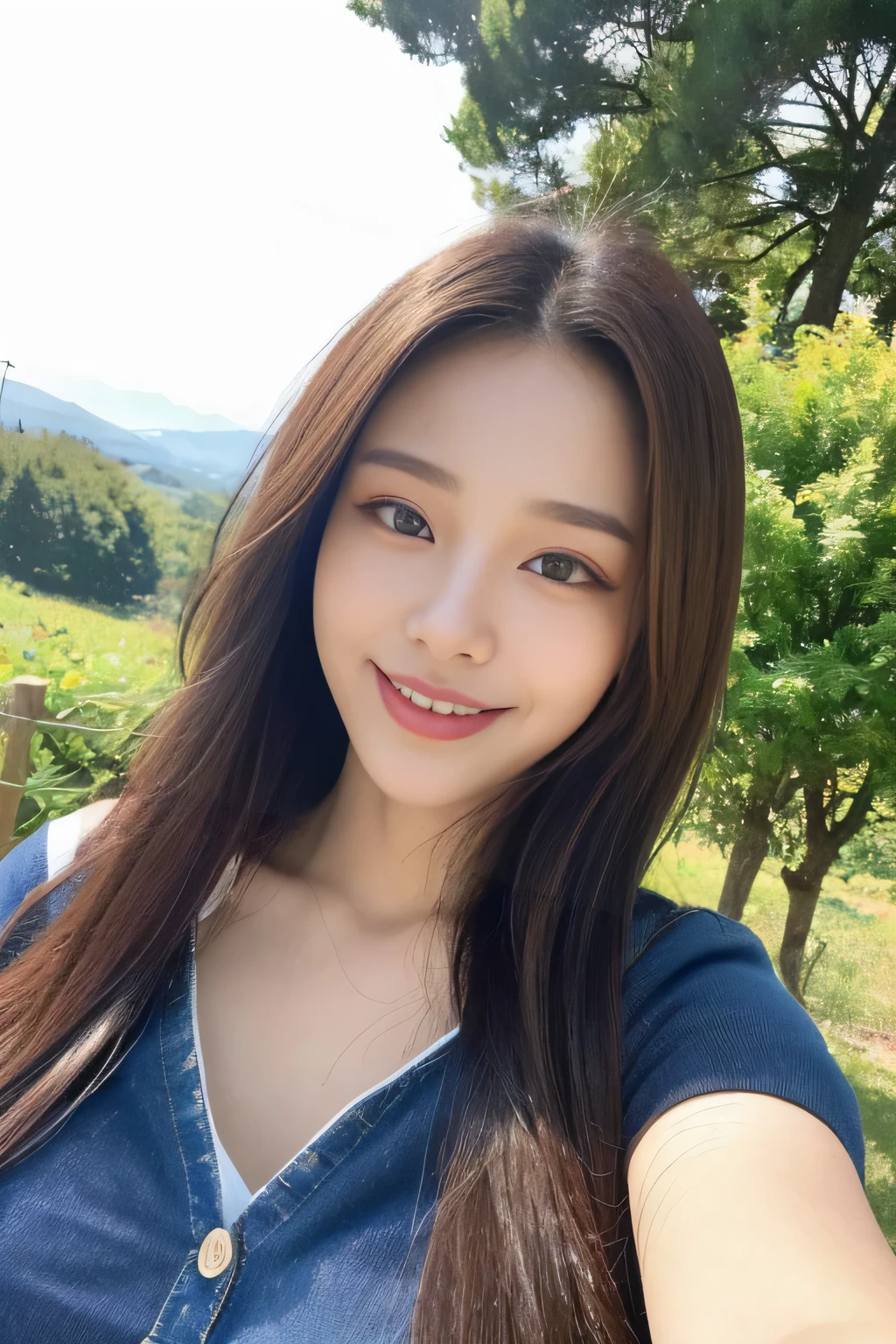 seed:2020674263.((Full body angle:1.1)).((Highest quality, 8K, masterpiece:1.3)), ((from below:1.1)).concentrated:1.2, Perfect body beauty:1.4, Hips:1.2, ((Delicate Hair)), (Colorful button-through crop shirt :1.1) , ((Highest quality、8k、masterpiece:1.3))、1 Girl、A sloppy smile、Esbian all over、Slim face、Big Boobs、Beautiful woman、(Dark Brown Hair)、Long Hair、1、Flickering Valley、Detailed eyes、double eyelid、Blurred Background、超Slim face、Smile、Looking down、stroll、