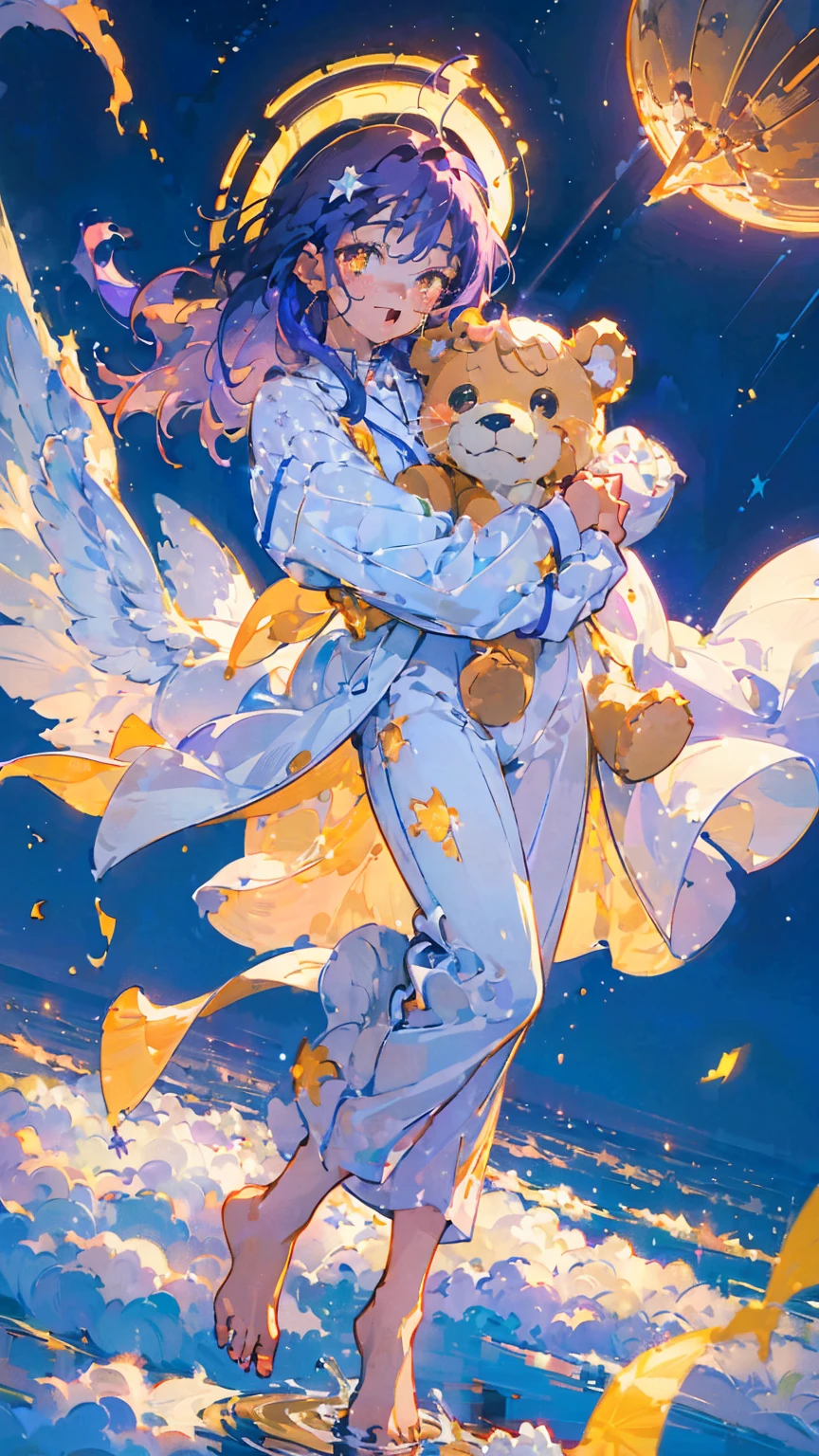 (woman\(,A star-like halo on the head。, Angel Girl,Purple Hair,Yellow Eyes, White skin, I'm wearing pastel colored pajamas,The girl is yawning loudly and sleepily.,While floating in the air,hugging a teddy bear,barefoot,\) Beautiful night sky、Sleepily floating in the air, (I&#39;m in the beautiful outdoors, A beautiful star is shining,He seemed to be very sleepy., mysterious, (Full moon in the background),quality\(8K,非常に精細なCGユニットのwallpaper, masterpiece,High resolution,top-quality,top-quality real texture skin,Surreal,Increase the resolution,RAW Photos,最高quality,Very detailed,wallpaper,Cinema Lighting,Ray-tracing,Golden Ratio\),Long Shot,Overall, it looks ephemeral.,The depiction range is from the waist up,qualityの高い顔の描写,High-resolution facial depiction,ephemeral,Low saturation,1 person