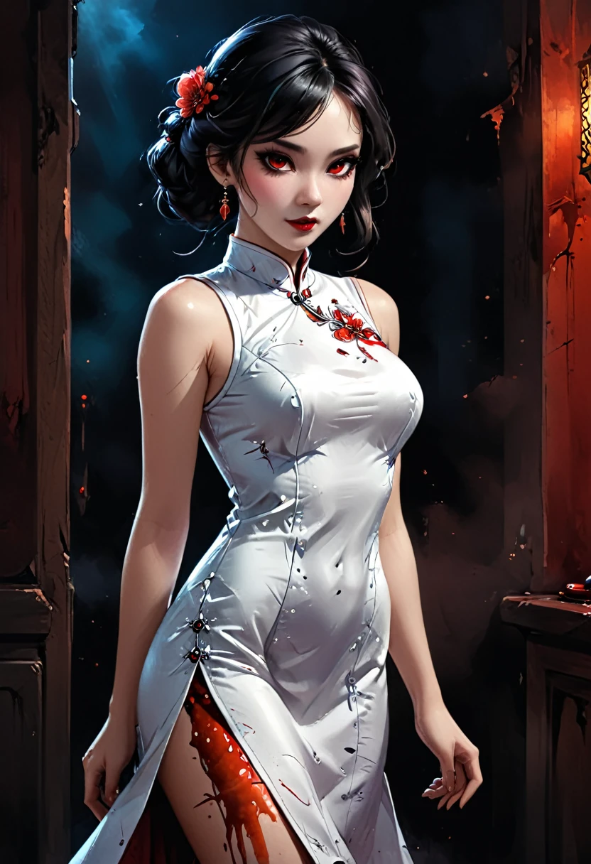 a beautiful female vampire wearing a ((blood stained: 1.5) white Cheongsam: 1.5), an extremely beautiful female vampire, ultra detailed face, blond hair, long hair, wavy hair, dark glamour make up, pale skin, red lips, (glowing red eyes: 1.2), visible (vampiric fangs: 1.2), she wears a ((blood stained white Cheongsam: 1.5)), elegant, intricate detailed Cheongsam, silk Cheongsam, small cleavage, ((Cheongsam is decorated with gems: 1.3)), she wears elegant knee high heeled boots, exquisite knee high heeled boots, there are stains of blood on the upper part of the dress, dynamic background, best details, best quality, highres, ultra wide angle, 16k, [ultra detailed], masterpiece, best quality, (extremely detailed), full body, ultra wide shot, photorealistic, fantasy art, dnd art, rpg art, realistic art, dark novel, Dark Art Painting Style