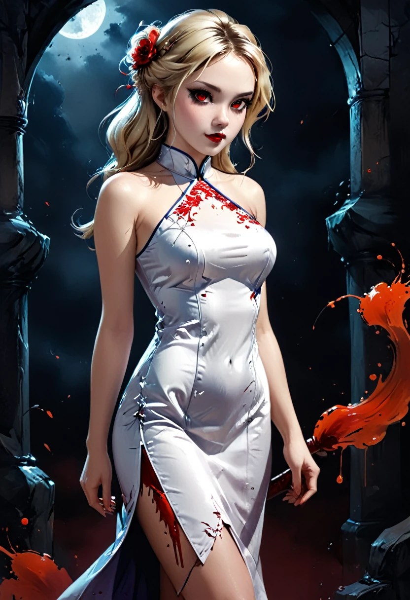 a beautiful female vampire wearing a ((blood stained: 1.5) white Cheongsam: 1.5), an extremely beautiful female vampire, ultra detailed face, blond hair, long hair, wavy hair, dark glamour make up, pale skin, red lips, (glowing red eyes: 1.2), visible (vampiric fangs: 1.2), she wears a ((blood stained white Cheongsam: 1.5)), elegant, intricate detailed Cheongsam, silk Cheongsam, small cleavage, ((Cheongsam is decorated with gems: 1.3)), she wears elegant knee high heeled boots, exquisite knee high heeled boots, there are stains of blood on the upper part of the dress, dynamic background, best details, best quality, highres, ultra wide angle, 16k, [ultra detailed], masterpiece, best quality, (extremely detailed), full body, ultra wide shot, photorealistic, fantasy art, dnd art, rpg art, realistic art, dark novel, Dark Art Painting Style