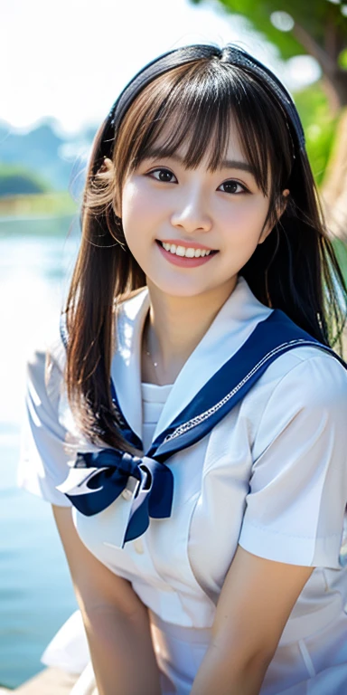 Ulzzang -6500-v1.1, (raw image:1.2), (Virtual image), Beautiful girl with details, ดวงตาและใบหน้าที่very detailed, Beautifully detailed eyes, large file size, high resolution, very detailed, Highest quality, [Masterpiece:1.6], Enlightenment, very detailed, nffsw, exquisite details, Highest quality, 8k wallpaper, movie light, (see through:1.3),white seraph,sailor suit, white theme,, sailor suit, look at viewer,  Crazy, long messy hair, cute drooping eyes、I shine,Dramatic angle,blue sailor collar, perky breast,Light Smile, Ultra-realistic skin texture、Oily skin、exposed thighs!!! Some underwater pictures...