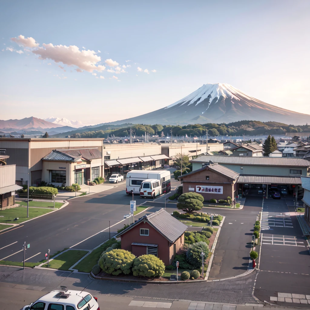 two women standing in a parking lot with a mountain in the background, convenience store, mount fuji in the background, japan travel aesthetic, gas station, “gas station photography, japan rural travel, mount fuji on the background, set in tokyo bank parking lot, japanese town, mt. fuji, taken in the early 2020s, mount fuji, japanese rural town