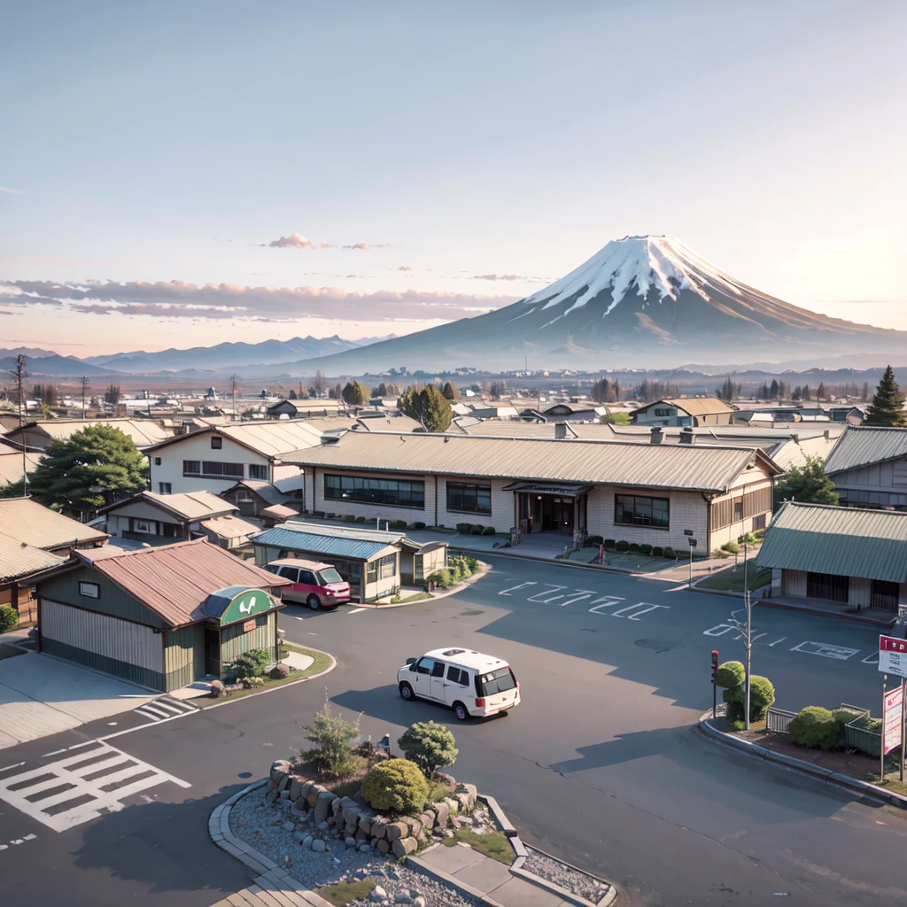 two women standing in a parking lot with a mountain in the background, convenience store, mount fuji in the background, japan travel aesthetic, gas station, “gas station photography, japan rural travel, mount fuji on the background, set in tokyo bank parking lot, japanese town, mt. fuji, taken in the early 2020s, mount fuji, japanese rural town