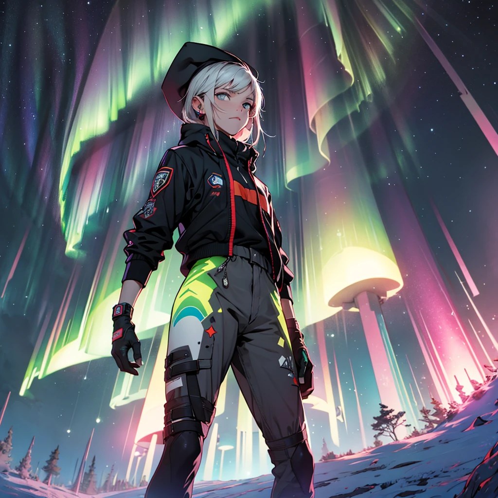  with a look of hate and the background with stars and aurora 