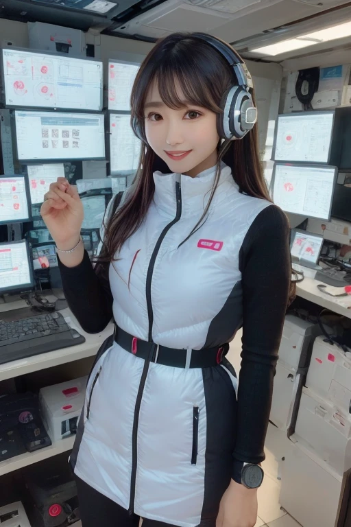 masterpiece, Highest quality, Very detailed, 8K Portrait,Japanese Android Girl,plump , Control panel,Robotic arms and legs, Blunt bangs,,break (Metallic Gray, Metallic luster, Mirror finish, Astro Best):5,headphone:5,break (Black sleeves):100,Smart Watches,Futuristic space station,Control Room,break headphone,blue eyes,(Black Hair):2,(Long Hair):1.3,Displaying the viewer,(respirator),break blush:3,Hidden Hand,smile