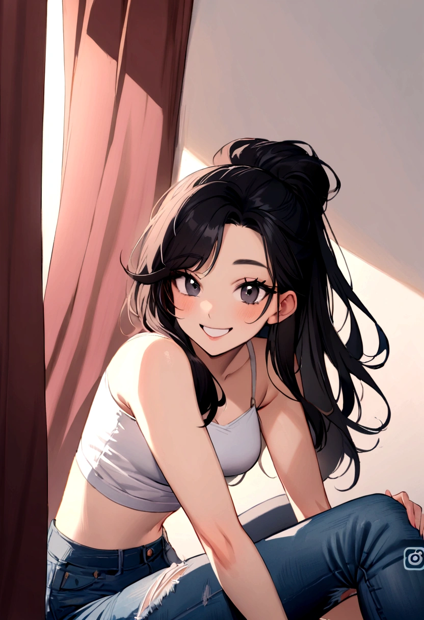 25 year old female, curtain, long black hair, vibrant black eyes, Grinning, in frayed jeans and white crop tops, sitting on top of the instagram logo, disney model