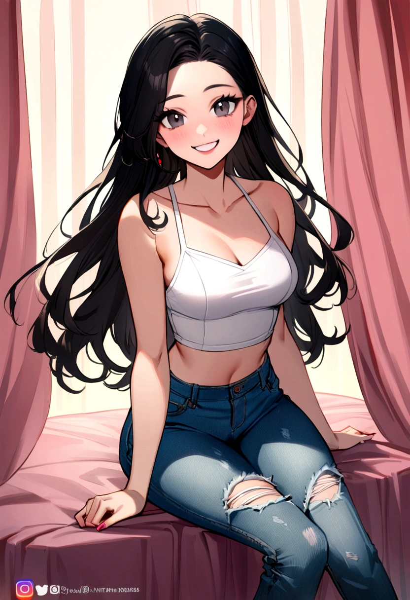 25 year old female, curtain, long black hair, vibrant black eyes, Grinning, in frayed jeans and white crop tops, sitting on top of the instagram logo, disney model