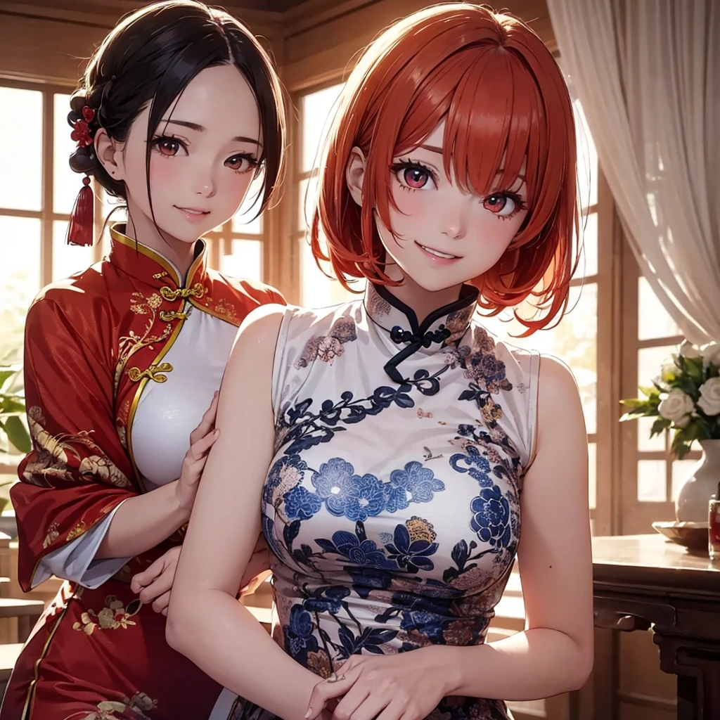 Two beautiful young women, Anime Style, Detailed face, Redhead, Red eyes, Delicate features, Soft lighting, Wear traditional Chinese clothing (China dress), Playful expressions, Laugh and have fun, comfortable、Beautifully decorated room, One pushes the other with playfulness and kindness, Bright and attractive interior lighting, Dynamic pose, Japanese Anime Style, high quality, Very detailed, 8K resolution, Cinema Lighting, 最high quality, Vibrant colors, Instagrammable, beautiful, tendency、Erotic、sexy