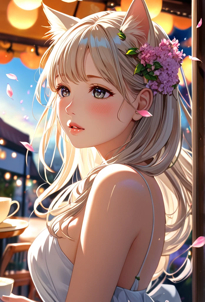 (Ah! My Goddess style:1.2) , Hallucination, daydream , nightmare , Insane Dream , bokeh , erotica , romance , cat nymph and realistic cat , Petals fluttering down , (Single eyelids, round nose, swollen cheeks) , glossy lips , Collarbone , Hair blowing in the wind , Goddess Cafe Terrace , armpit