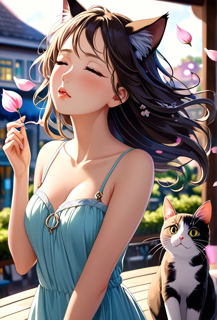 (Ah! My Goddess style:1.2) , Hallucination, daydream , nightmare , Insane Dream , bokeh , erotica , romance , cat nymph and realistic cat , Petals fluttering down , (Single eyelids, round nose, swollen cheeks) , glossy lips , Collarbone , Hair blowing in the wind , Goddess Cafe Terrace , armpit