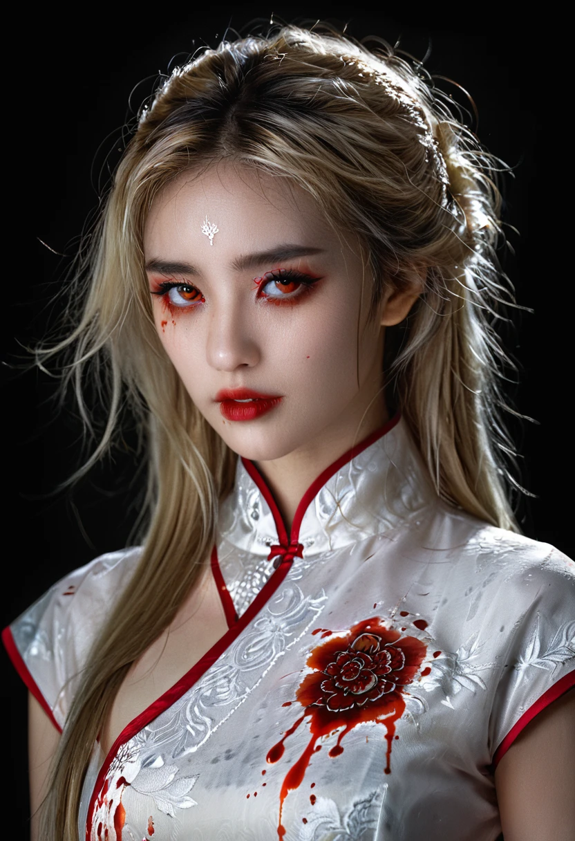 a beautiful female vampire wearing a ((blood stained: 1.5) white Cheongsam: 1.5), an extremely beautiful female vampire, ultra detailed face, blond hair, long hair, wavy hair, dark glamour make up, pale skin, red lips, (glowing red eyes: 1.2), visible (vampiric fangs: 1.2), she wears a ((blood stained white Cheongsam: 1.5)), elegant, intricate detailed Cheongsam, silk Cheongsam, small cleavage, ((Cheongsam is decorated with gems: 1.3)), she wears elegant knee high heeled boots, exquisite knee high heeled boots, there are stains of blood on the upper part of the dress, dynamic background, best details, best quality, highres, ultra wide angle, 16k, [ultra detailed], masterpiece, best quality, (extremely detailed), full body, ultra wide shot, photorealistic, fantasy art, dnd art, rpg art, realistic art, dark novel, Dark Art Painting Style