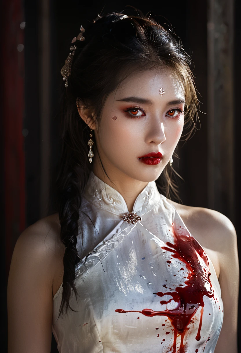 a beautiful female vampire wearing a ((blood stained: 1.5) white Cheongsam: 1.5), an extremely beautiful female vampire, ultra detailed face, blond hair, long hair, wavy hair, dark glamour make up, pale skin, red lips, (glowing red eyes: 1.2), visible (vampiric fangs: 1.2), she wears a ((blood stained white Cheongsam: 1.5)), elegant, intricate detailed Cheongsam, silk Cheongsam, small cleavage, ((Cheongsam is decorated with gems: 1.3)), she wears elegant knee high heeled boots, exquisite knee high heeled boots, there are stains of blood on the upper part of the dress, dynamic background, best details, best quality, highres, ultra wide angle, 16k, [ultra detailed], masterpiece, best quality, (extremely detailed), full body, ultra wide shot, photorealistic, fantasy art, dnd art, rpg art, realistic art, dark novel, Dark Art Painting Style