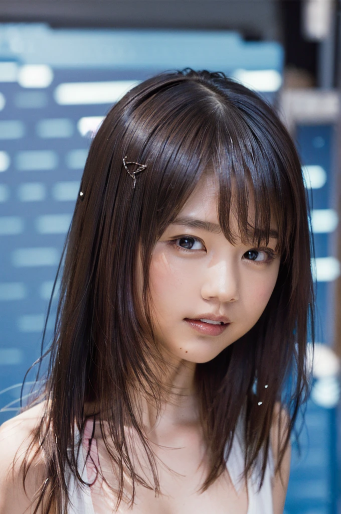 (8K, RAW Photos, Highest quality, masterpiece: 1.4), (Realistic, photoRealistic: 1.4), Super detailed, Ultra-high resolution, One Girl, Beholder, Beautifully detailed face, smile, (Slim waist: 1.0), Beautifully detailed skin, Skin Texture, Floating Hair, Professional Lighting, Middle Chest, Kind eyes,(small wet breasts:1.6), (beautiful nipples:1.5),(undressing:1.7), (:1.0), (law panty:1.5), (sleeveless blouse:1.2),(Feather Cut:1.0), (petite:1.0)