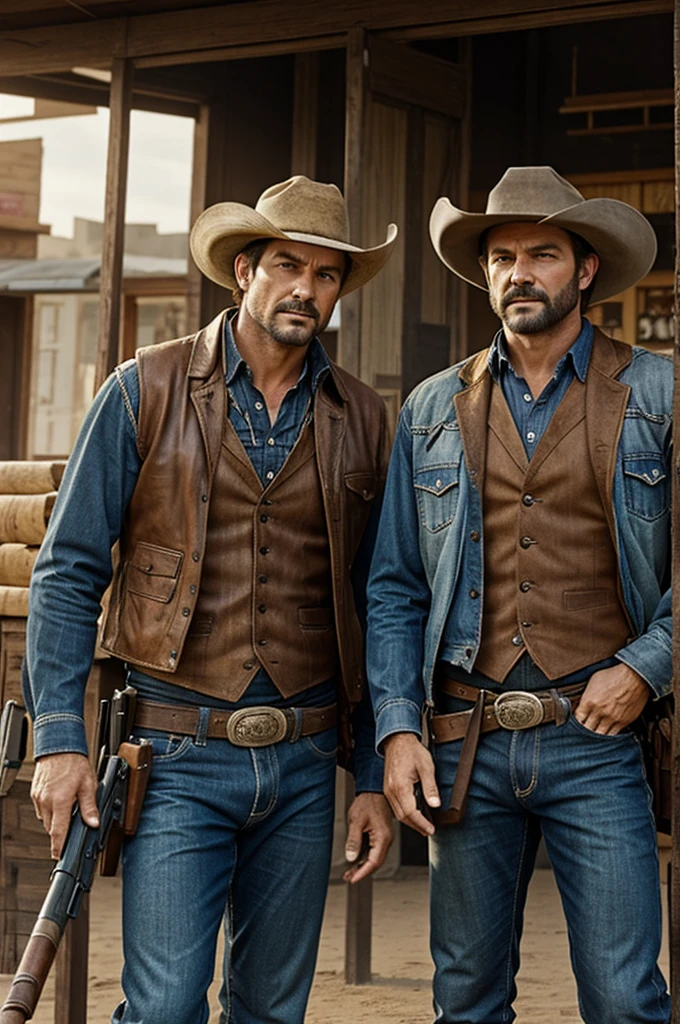 Two cowboys who are bandits robbing a store