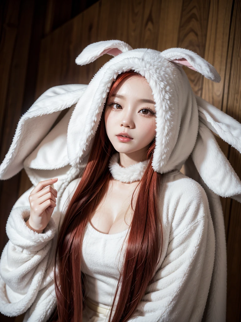  korean with long red hair, white fur and sexy bunny costume 