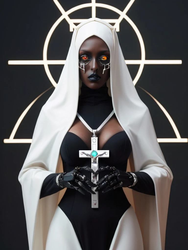 ral-opal, meahophontron, full body, woman robot face, devil nun, negro, looking at camera, body nun clothes, with crucifix
