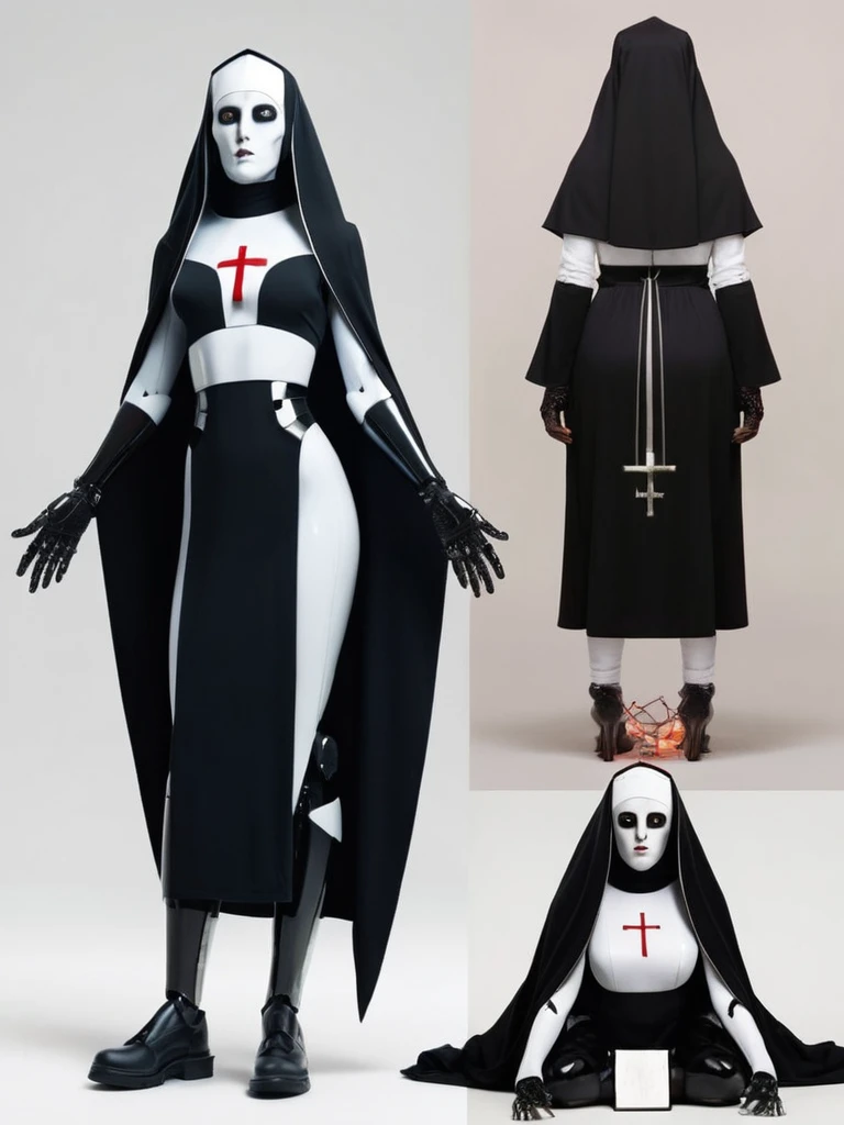 ral-opal, meahophontron, full body, woman robot face, devil nun, negro, looking at camera, body nun clothes, with crucifix