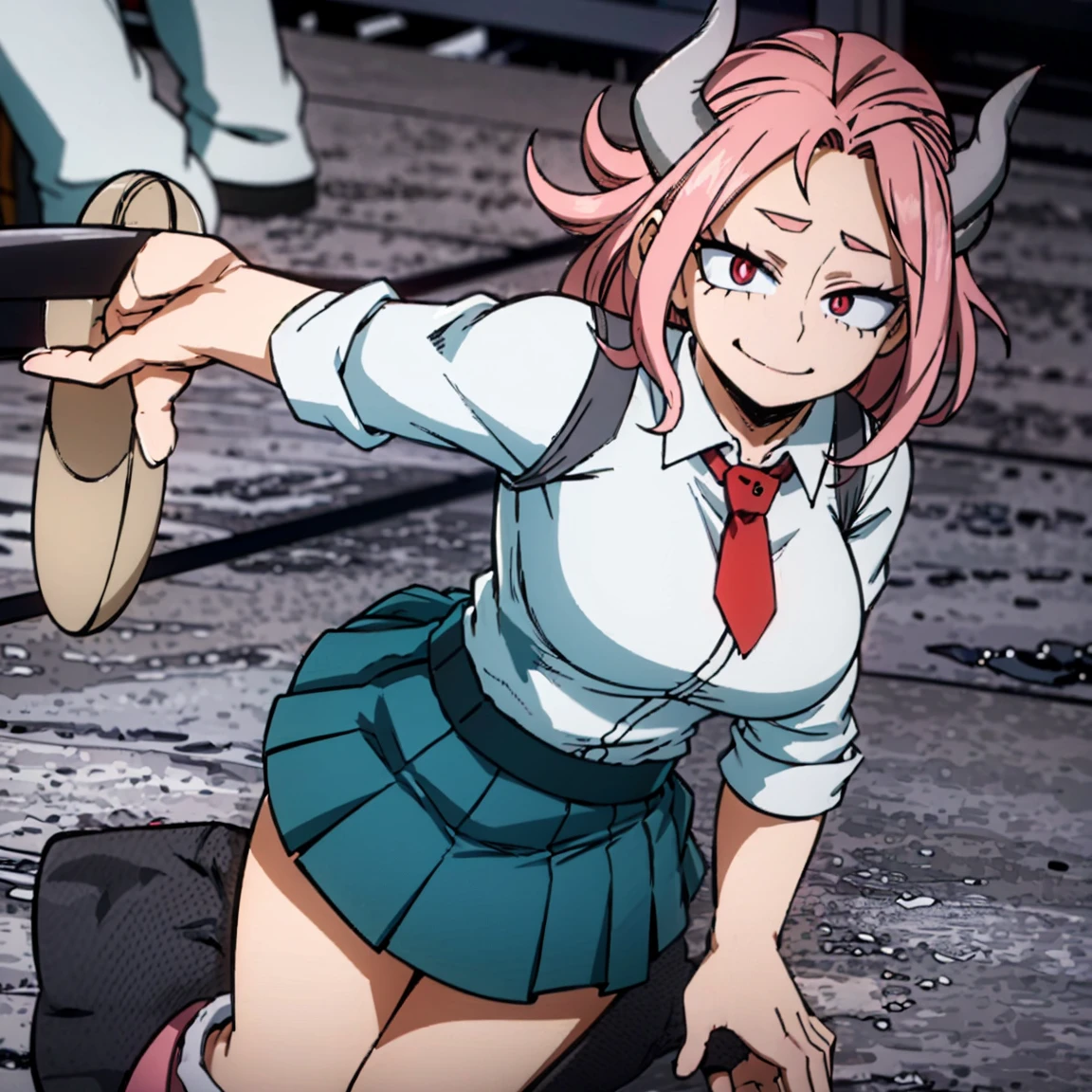 1girl, a demon, sarvente, female focus, boku no hero academia, masterpiece, best quality, very aesthetic, big breasts, gray jacket, red tie, white shirt, teal skirt, gray tights, boots, long wavy hair, light pink hair, hot pink eyes, smile, black horns, beautiful, sunset