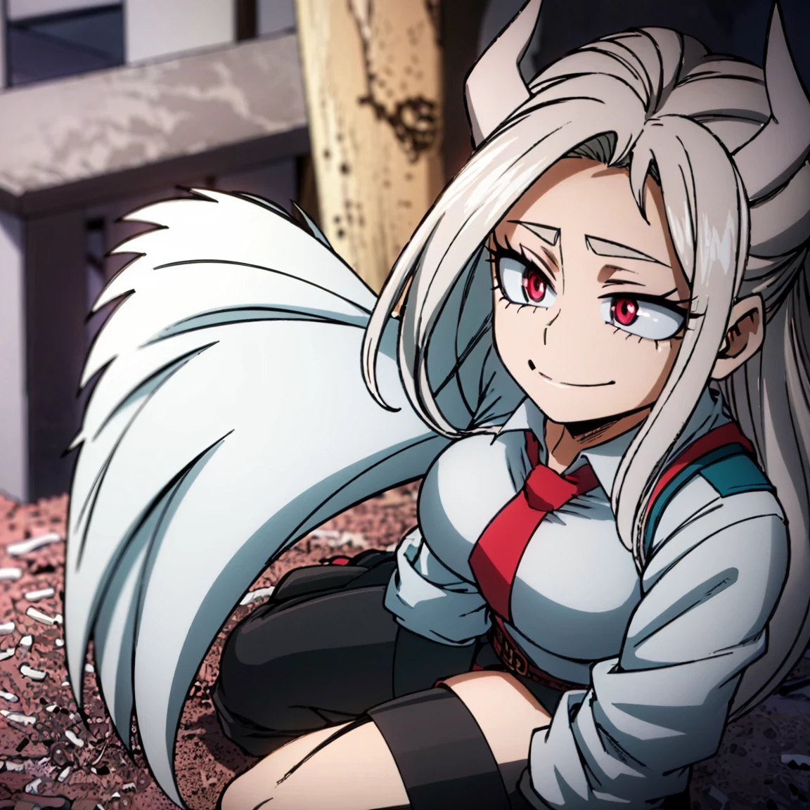 1girl, a demon, sarvente, female focus, boku no hero academia, masterpiece, best quality, very aesthetic, big breasts, gray jacket, red tie, white shirt, teal skirt, gray tights, boots, long wavy hair, light pink hair, hot pink eyes, smile, black horns, beautiful, sunset