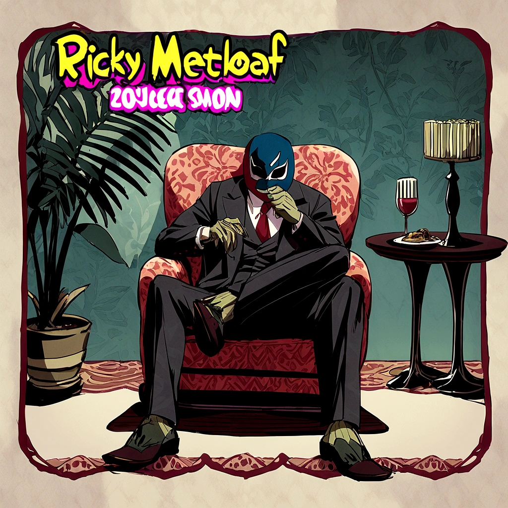 Lucha libre masked man, buff, wearing a suit and enjoys a nice meal. Album cover called "Ricky Meatloaf"