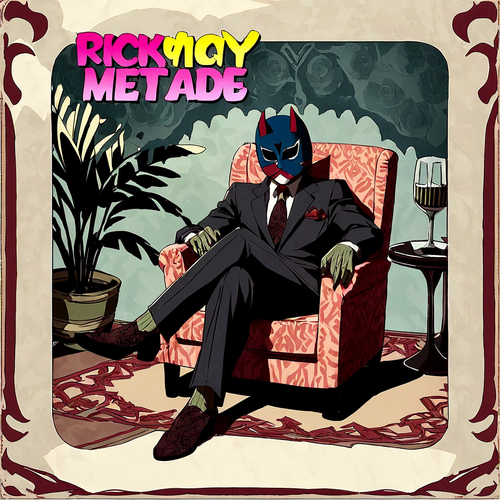 Lucha libre masked man, buff, wearing a suit and enjoys a nice meal. Album cover called "Ricky Meatloaf"