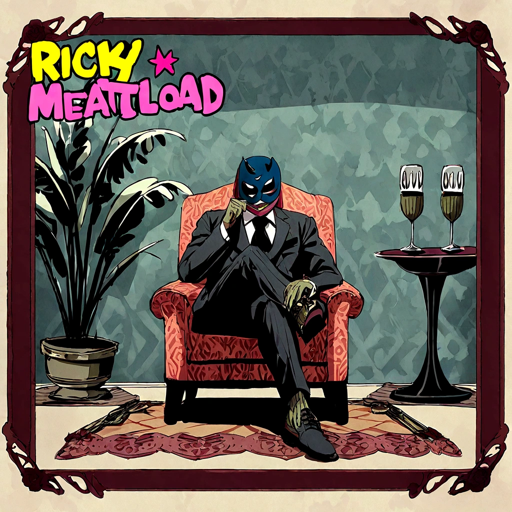 Lucha libre masked man, buff, wearing a suit and enjoys a nice meal. Album cover called "Ricky Meatloaf"