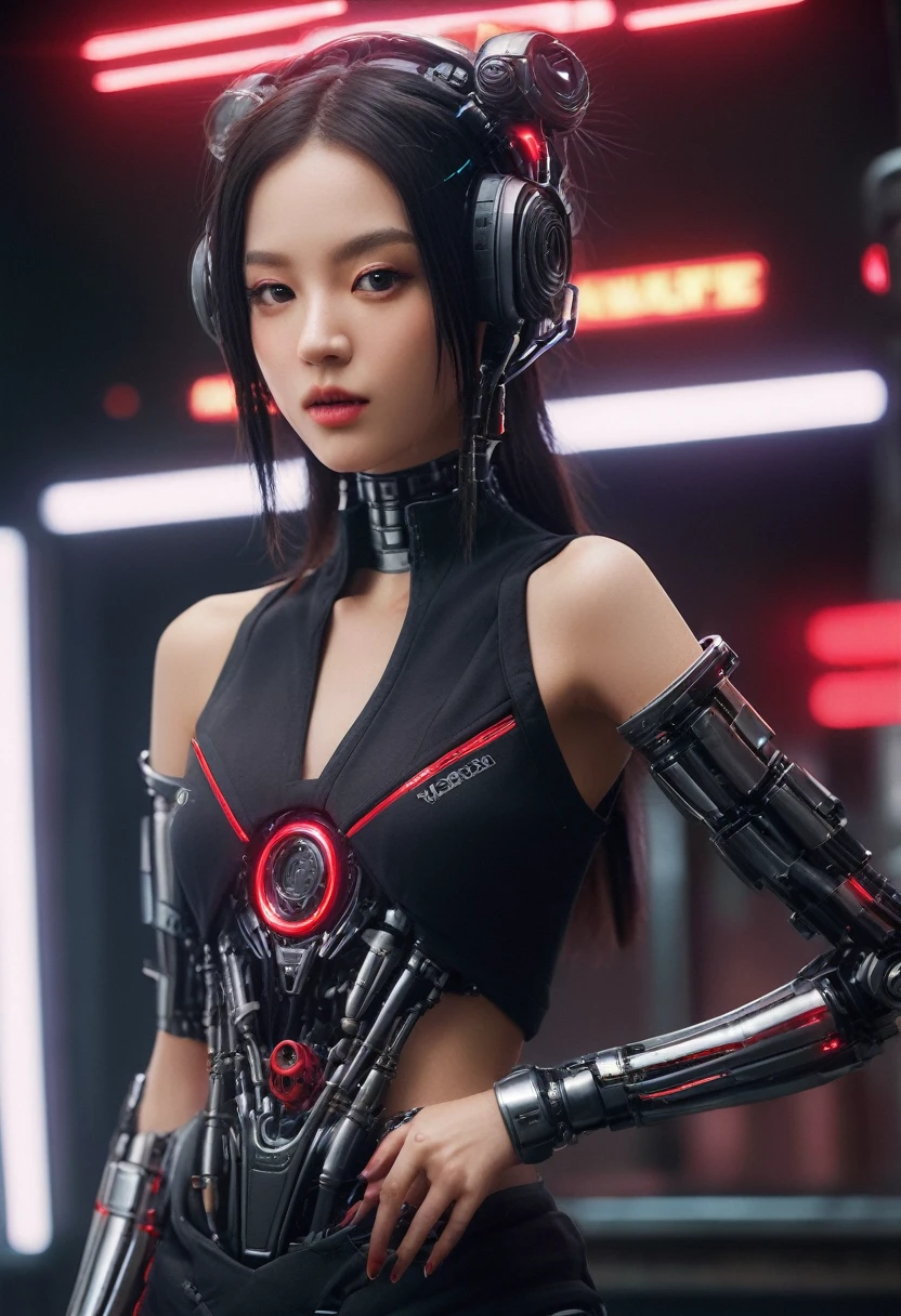 xxmixgirl. Highly detailed professional 35mm film, bokeh, face in sharp focus. A robotic female, Miku, with ((metal skin)), ((perfect Asian eyes)) with magenta irises and ((black pupils)), beautiful serious (detailed face), 18 year old ((photorealistic face)), very long magenta twin tails of magenta hair, twin black hair ties with a single red stripe. She may have a black audio headpiece. We can see her ((full body)) down to her boot soles. Her outfit is a sleeveless collared light grey shirt, outlined in red around the frilled collar and hems. Shiny reflective ((metallic breast cups, dimpleless)), invisible nipples. She wears black sleeves with red hems that start around her upper arm and bellow out as the sleeves open and extend to her wrists, with wide trumpet red rimmed cuffs. She has perfect robotic (detailed hands). She wears a red colored tie with two horizontal solid parallel black lines halfway across. She wears a fabric black skirt with a horizontal red hem at the bottom all the way around; her (((black skirt wraps around her))) and ((her skirt completely covers)) her robotic waist and thighs. Tall black boots with red bottom soles, a red rim around the top at her thighs. Her mechanical shoulder joints are visible. We can see her robotic legs and robotic neck. Half of her is covered with shiny polished machinery. The background is a distant dark neon futuristic Japanese city, gold, cyan, violet neon, near harbor or mountains.