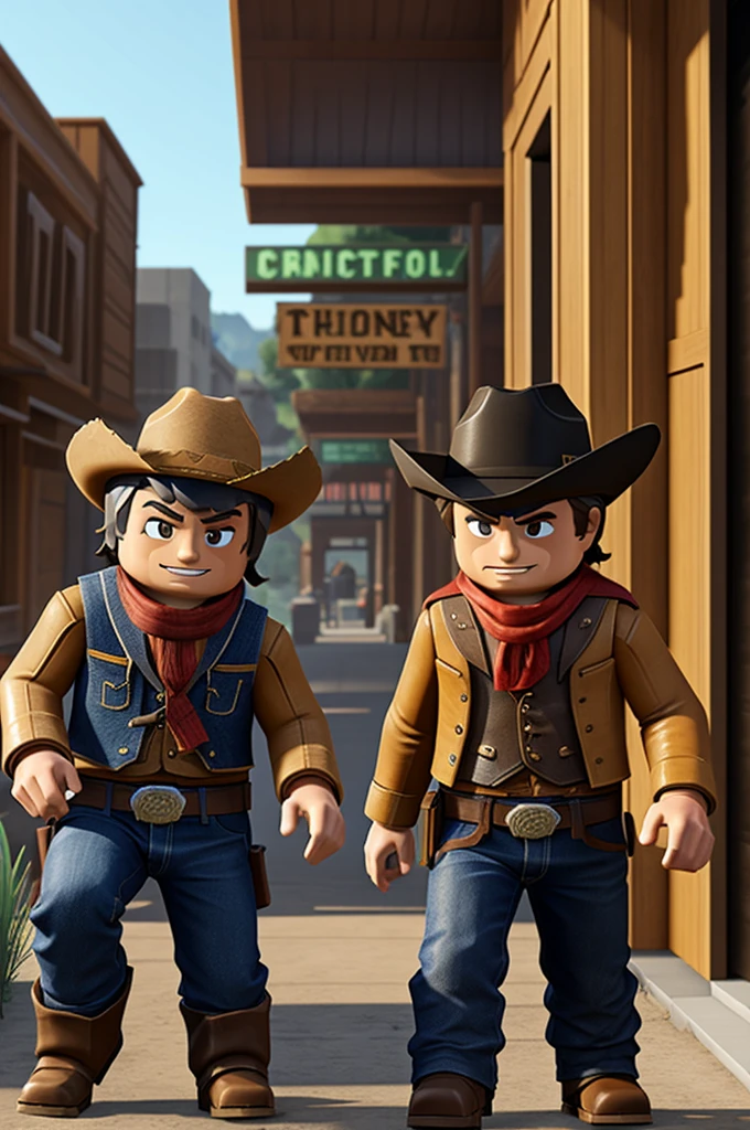 Two cowboys who are bandits robbing a store and have a Roblox design