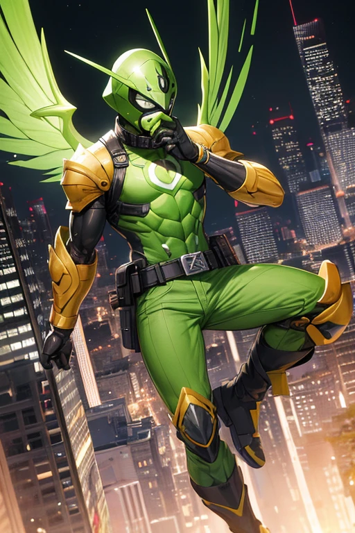 ((best quality)), ((masterpiece)), (detailed), 1 male, full body, 25 years old, masked, lemon green mask covering his entire head, smooth head, mask covering his mouth, small crest on his head, oxygen mask, angry expression, black collar, tall and strong, very athletic, green fly wings, grey details, green fingerless gloves, green wrist guards, lemon green nanotech suit resembling light armor, lemon green chest with an emblem, orange fly emblem on his chest, fly, green pants, green knee pads, metallic green boots, orange superhero belt, flying on a building, city background, anime