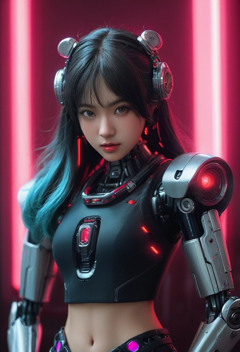 xxmixgirl. Highly detailed professional 35mm film, bokeh, face in sharp focus. A robotic female, Miku, with ((metal skin)), ((perfect Asian eyes)) with magenta irises and ((black pupils)), beautiful serious (detailed face), 18 year old ((photorealistic face)), very long magenta twin tails of magenta hair, twin black hair ties with a single red stripe. She may have a black audio headpiece. We can see her ((full body)) down to her boot soles. Her outfit is a sleeveless collared light grey shirt, outlined in red around the frilled collar and hems. Shiny reflective ((metallic breast cups, dimpleless)), invisible nipples. She wears black sleeves with red hems that start around her upper arm and bellow out as the sleeves open and extend to her wrists, with wide trumpet red rimmed cuffs. She has perfect robotic (detailed hands). She wears a red colored tie with two horizontal solid parallel black lines halfway across. She wears a fabric black skirt with a horizontal red hem at the bottom all the way around; her (((black skirt wraps around her))) and ((her skirt completely covers)) her robotic waist and thighs. Tall black boots with red bottom soles, a red rim around the top at her thighs. Her mechanical shoulder joints are visible. We can see her robotic legs and robotic neck. Half of her is covered with shiny polished machinery. The background is a distant dark neon futuristic Japanese city, gold, cyan, violet neon, near harbor or mountains.