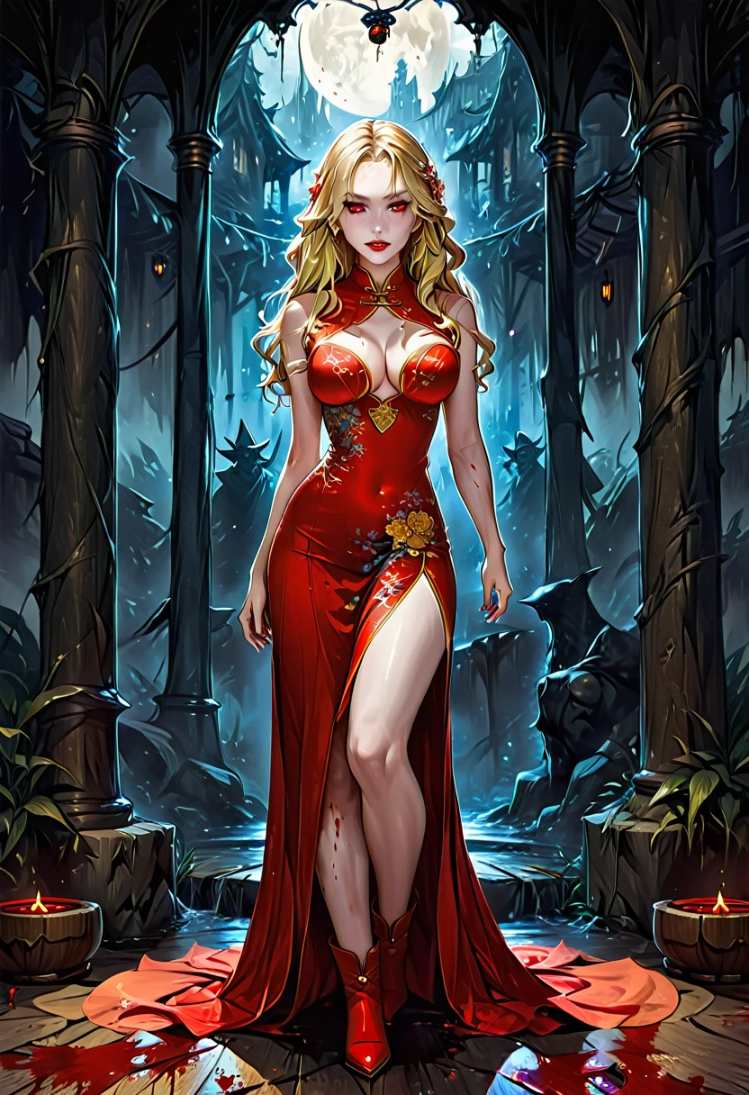 a beautiful female vampire wearing a ((blood stained white Cheongsam: 1.5), an extremely beautiful female vampire, ultra detailed face, blond hair, long hair, wavy hair, dark glamour make up, pale skin, red lips, (glowing red eyes: 1.2), visible (vampiric fangs: 1.2), she wears a ((blood stained white Cheongsam: 1.5)), elegant, intricate detailed Cheongsam, silk Cheongsam, small cleavage, ((Cheongsam is decorated with gems: 1.3)), she wears elegant knee high heeled boots, exquisite knee high heeled boots, there are stains of blood on the upper part of the dress, dynamic background, best details, best quality, highres, ultra wide angle, 16k, [ultra detailed], masterpiece, best quality, (extremely detailed), full body, ultra wide shot, photorealistic, fantasy art, dnd art, rpg art, realistic art, dark novel, Dark Art Painting Style