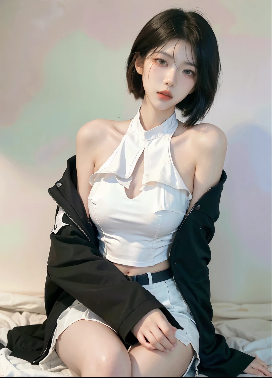 Beautiful woman with perfect figure:1.4,Ultra-high resolution,White background,(Realism:1.4),Layered hairstyle,White skin,Bodysuit:1.5,Super short pleated skirt,whole body,Very delicate and skin texture,Double eyelids,Skin Whitening,short hair,White hair