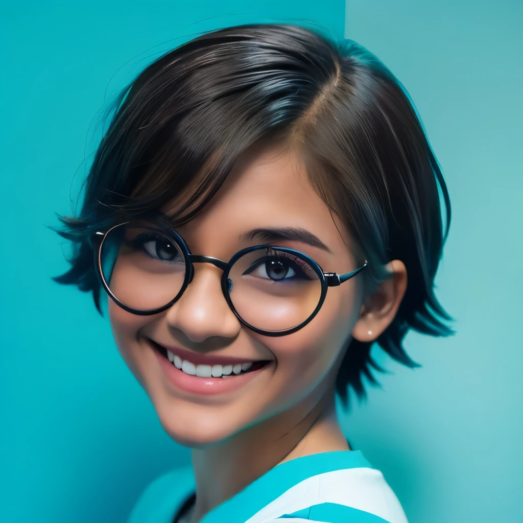 1girl, rounded glasses, big glasses, smiling, looking at the camera, short messy hair, dark-skinned, rounded eyes, cyan blue shirt, black shorts, close up, magazine shot, dynamic pose